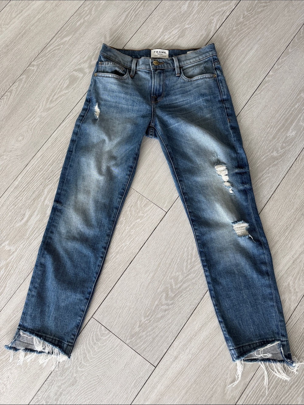 Frame Denim Light Blue Distressed Slim Crop Jeans